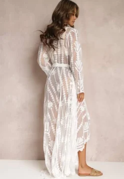 Biała Koronkowa Narzutka Sukienka Maxi z Głębokim Dekoltem i Długimi Rękawami Brianie