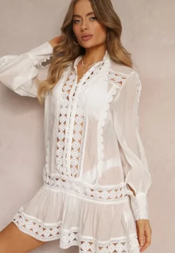 Biała Koronkowa Tunika Pudełkowa z Falbaną Nawal