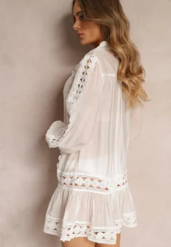 Biała Koronkowa Tunika Pudełkowa z Falbaną Nawal