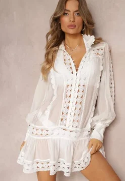 Biała Koronkowa Tunika Pudełkowa z Falbaną Nawal