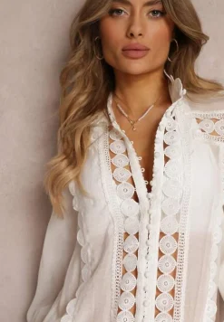 Biała Koronkowa Tunika Pudełkowa z Falbaną Nawal