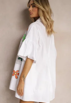 Biała Koszula Długa z Rękawami 3/4 Zapinana na Guziki z Ozdobnymi Naszywkami Vieva