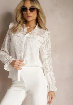 Biała Koszula Lekko Przezroczysta z Falbankami i Abstrakcyjnym Wzorem Nusottia