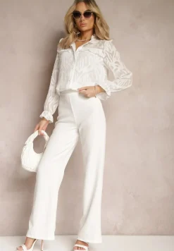 Biała Koszula Lekko Przezroczysta z Falbankami i Abstrakcyjnym Wzorem Nusottia