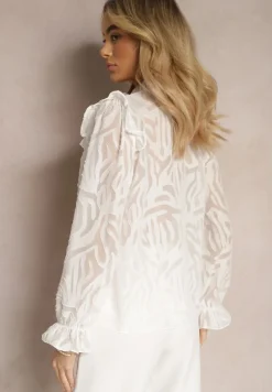 Biała Koszula Lekko Przezroczysta z Falbankami i Abstrakcyjnym Wzorem Nusottia