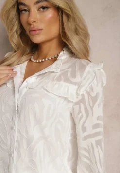 Biała Koszula Lekko Przezroczysta z Falbankami i Abstrakcyjnym Wzorem Nusottia