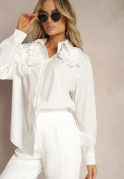 Biała Koszula o Klasycznym Kroju z Aplikacją w Kształcie Kwiatów Neobba