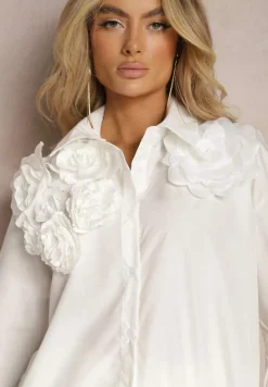 Biała Koszula o Klasycznym Kroju z Aplikacją w Kształcie Kwiatów Neobba