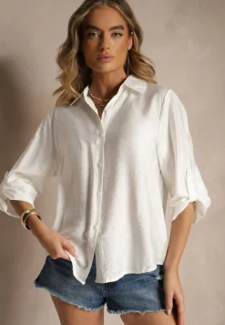Biała Koszula o Kroju Oversize z Podpinanymi Rękawami Jenitta
