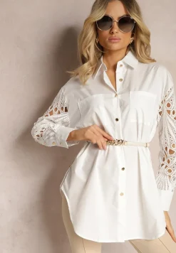 Biała Koszula o Luźnym Fasonie z Ażurowymi Wstawkami na Rękawach Nasira