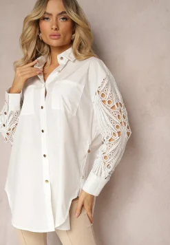 Biała Koszula o Luźnym Fasonie z Ażurowymi Wstawkami na Rękawach Nasira