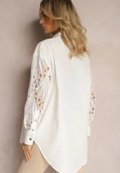 Biała Koszula o Luźnym Fasonie z Ażurowymi Wstawkami na Rękawach Nasira