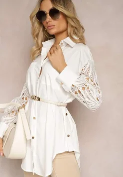 Biała Koszula o Luźnym Fasonie z Ażurowymi Wstawkami na Rękawach Nasira