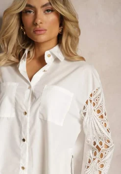 Biała Koszula o Luźnym Fasonie z Ażurowymi Wstawkami na Rękawach Nasira