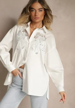 Biała Koszula Oversize z Bawełny z Ażurowymi Zdobieniami z Motywem Kwiatowym Voesia