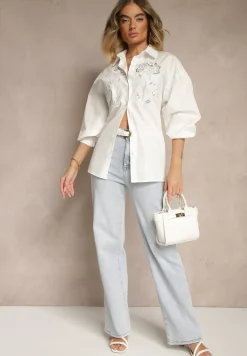 Biała Koszula Oversize z Bawełny z Ażurowymi Zdobieniami z Motywem Kwiatowym Voesia