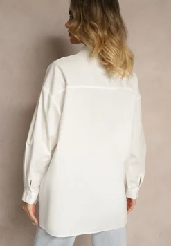 Biała Koszula Oversize z Bawełny z Ażurowymi Zdobieniami z Motywem Kwiatowym Voesia