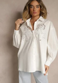 Biała Koszula Oversize z Bawełny z Ażurowymi Zdobieniami z Motywem Kwiatowym Voesia