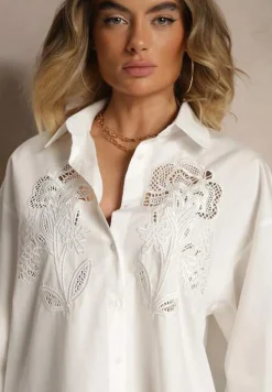 Biała Koszula Oversize z Bawełny z Ażurowymi Zdobieniami z Motywem Kwiatowym Voesia