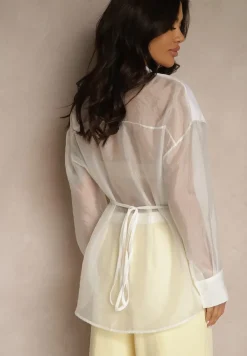 Biała Koszula Ozdobiona Przezroczystymi Rękawami Tilaria