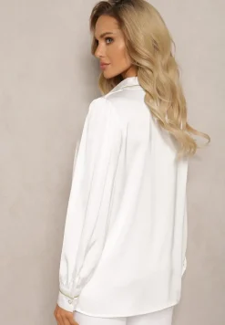 Biała Koszula Satynowa z Cyrkoniami i Perełkami oraz Kołnierzykiem Dokeria