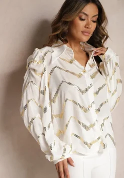 Biała Koszula w Metaliczny Nadruk z Bufkami w Ramionach Radica