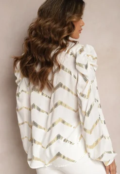 Biała Koszula w Metaliczny Nadruk z Bufkami w Ramionach Radica