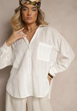 Biała Koszula w Paski z Bawełny z Jedną Kieszonką Liasene