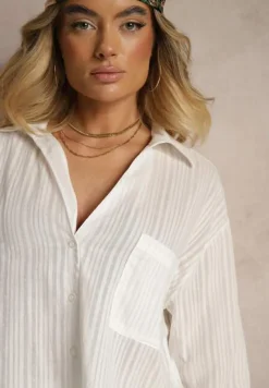 Biała Koszula w Paski z Bawełny z Jedną Kieszonką Liasene