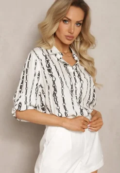 Biała Koszula we Wzór w Łańcuchy z Bawełny i Wiskozy Brilenia