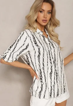 Biała Koszula we Wzór w Łańcuchy z Bawełny i Wiskozy Brilenia