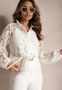 Biała Koszula z Ażurowej Koronki we Wzór Paisley ze Stójką Gwineira