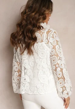 Biała Koszula z Ażurowej Koronki we Wzór Paisley ze Stójką Gwineira