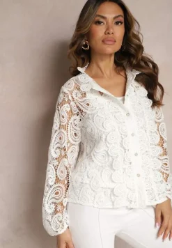 Biała Koszula z Ażurowej Koronki we Wzór Paisley ze Stójką Gwineira