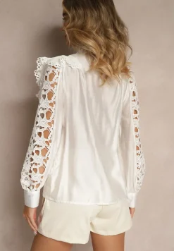 Biała Koszula z Ażurowymi Rękawami i Stójką z Falbankami Canadira