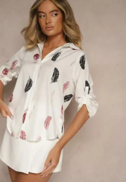 Biała Koszula z Bawełną Ozdobiona Rękawami z Regulacją w Piórka Meriande