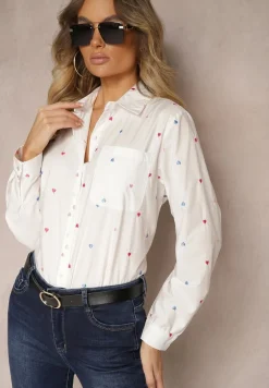 Biała Koszula z Bawełną Wykończona Haftowanymi Sercami i Kieszonką Merinitte