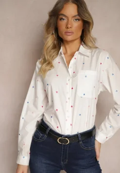 Biała Koszula z Bawełną Wykończona Haftowanymi Sercami i Kieszonką Merinitte