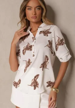 Biała Koszula z Bawełną ze Wzorem Ptaków Lumevire