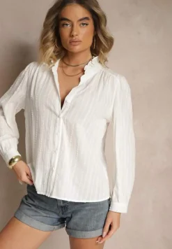Biała Koszula z Bawełny Ozdobiona Falbanką przy Szyi Terissea