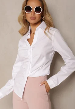 Biała Koszula z Bawełny Slim Fit z Guzikami i Dekoltem w Serek Avalisra