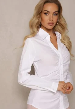 Biała Koszula z Bawełny Slim Fit z Guzikami i Dekoltem w Serek Avalisra