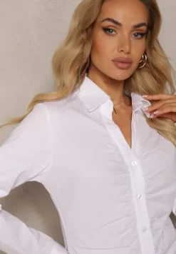 Biała Koszula z Bawełny Slim Fit z Guzikami i Dekoltem w Serek Avalisra