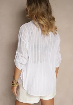 Biała Koszula z Bawełny w Paski z Haftem na Wsuwanej Kieszonce Valerita