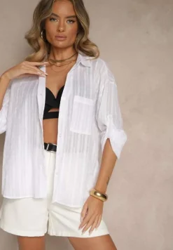 Biała Koszula z Bawełny w Paski z Haftem na Wsuwanej Kieszonce Valerita