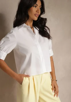 Biała Koszula z Bawełny z Bufiastymi Rękawami Silanira