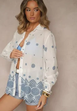 Biała Koszula z Bawełny z Haftowanym Zdobieniem Izolia