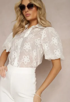Biała Koszula z Bufiastymi Rękawami i Haftowanymi Kwiatami Binuria