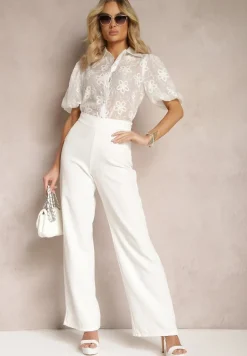 Biała Koszula z Bufiastymi Rękawami i Haftowanymi Kwiatami Binuria