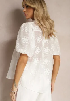Biała Koszula z Bufiastymi Rękawami i Haftowanymi Kwiatami Binuria
